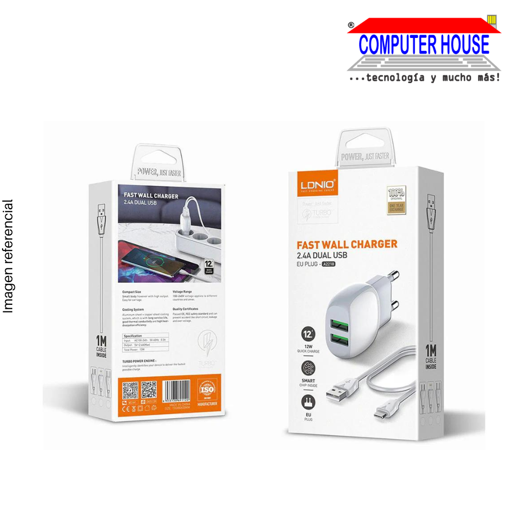 LDNIO charger, 12W. Dual USB QC Auto-ID Wall Adapter (A2218)