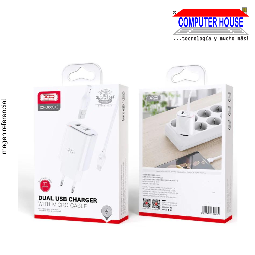 XO CHARGER - US Dual USB Charger White - Micro USB 12W (L90C)