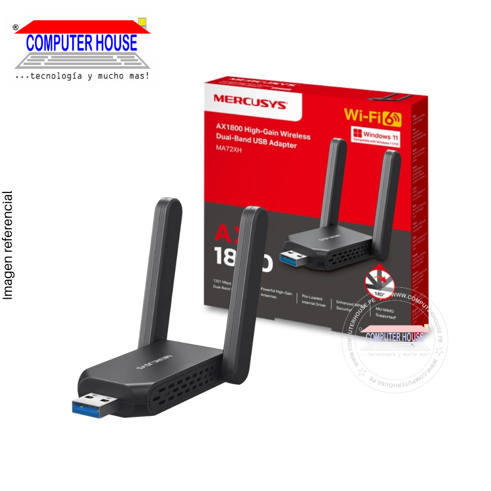 Adaptador WiFi MERCUSYS MA72XH, AX1800, Doble Banda 2.4GHz (hasta 574Mbps) y 5GHz (hasta 1201Mbps), USB-A.