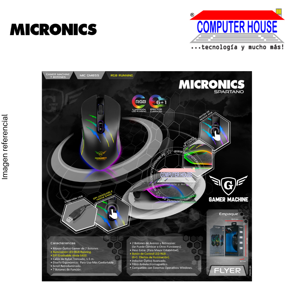 MICRONICS Mouse alámbrico Gamer MIC GM855 Spartano conexión USB.