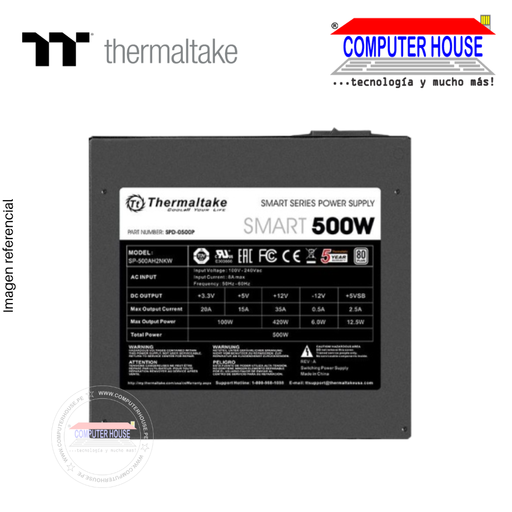 Fuente de poder THERMALTAKE Smart 500W, 80+ White. (PS-SPD-0500NPCW-W)