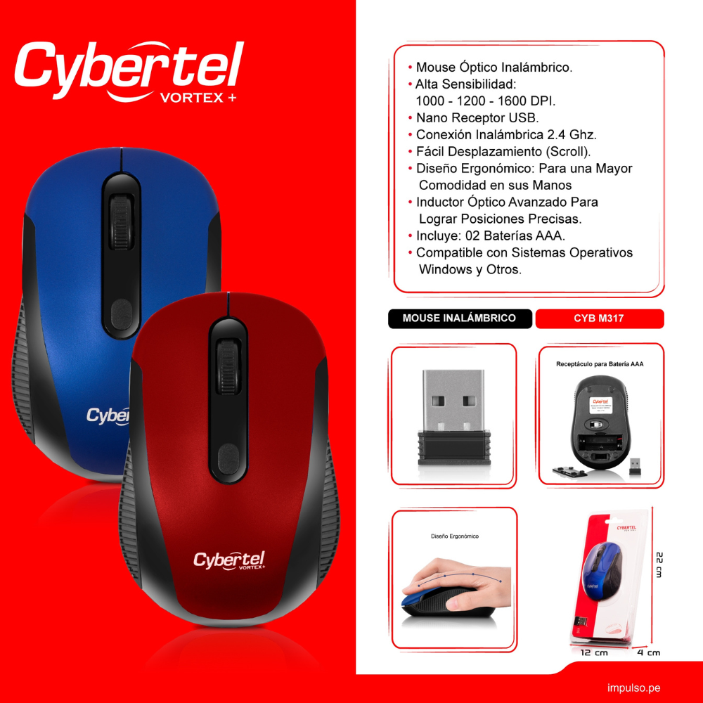 Mouse Inalámbrico Cybertel Vortex M317, Receptor USB.