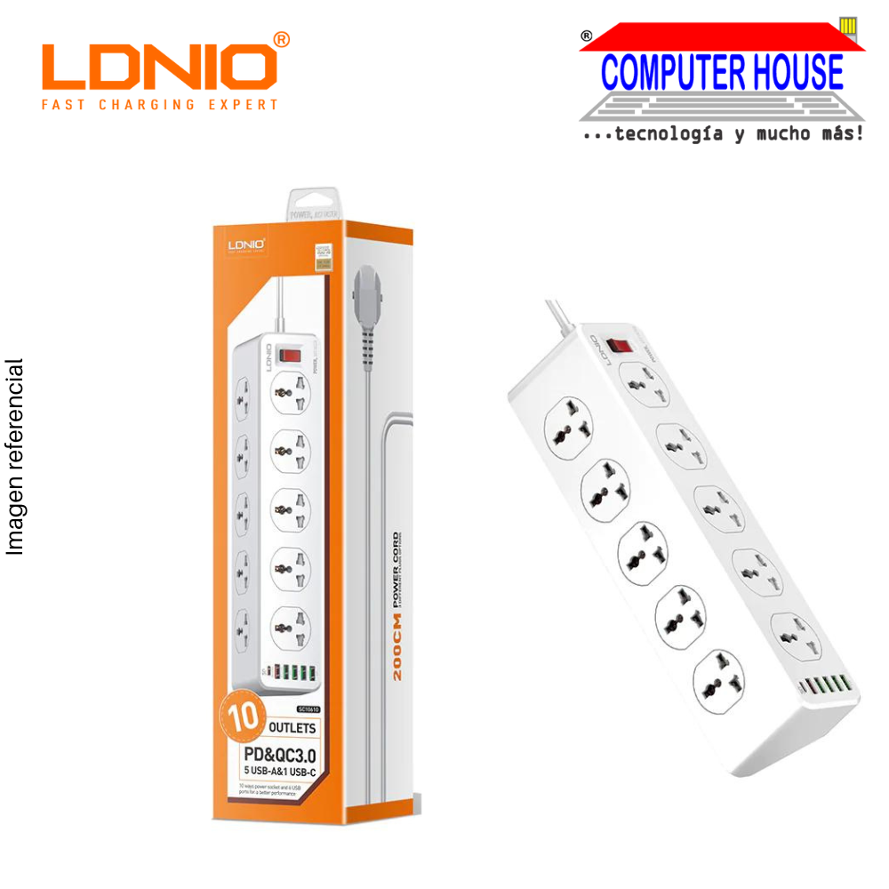 Supresor de Picos LDNIO SC10610 conexión 10 Tomas universales + 5 USB 3.0A + 1 USB Tipo C