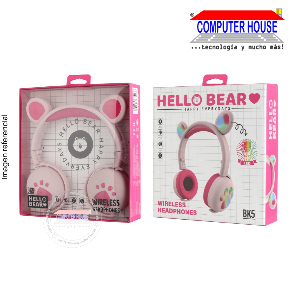 BK5 Wireless Bluetooth Headphones, Bear Design, RGB.