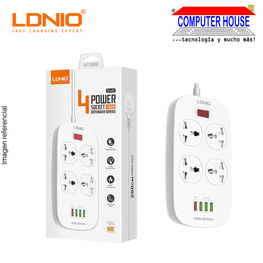 LDNIO SC4407 Spike Suppressor connection 4 universal sockets + 4 USB 3.0A with power button