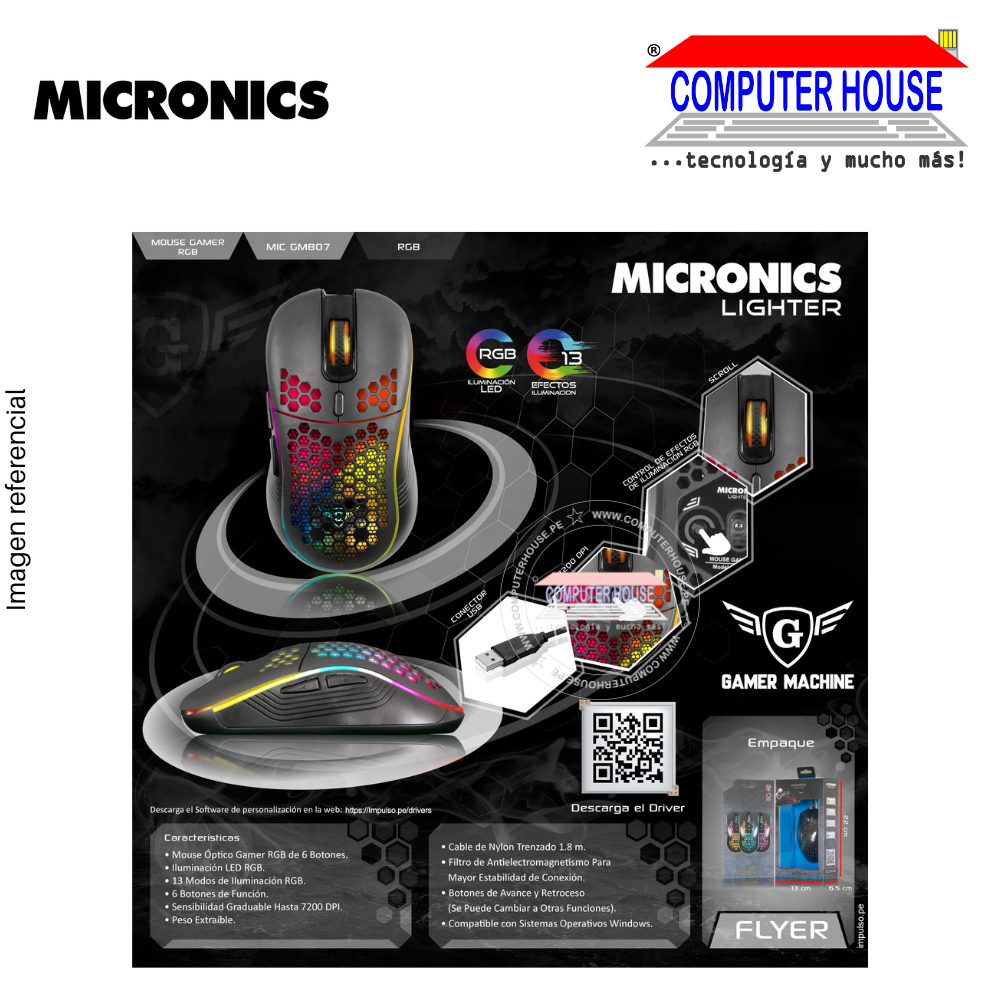 MICRONICS Mouse alámbrica Gamer MIC GM807 conexión USB.