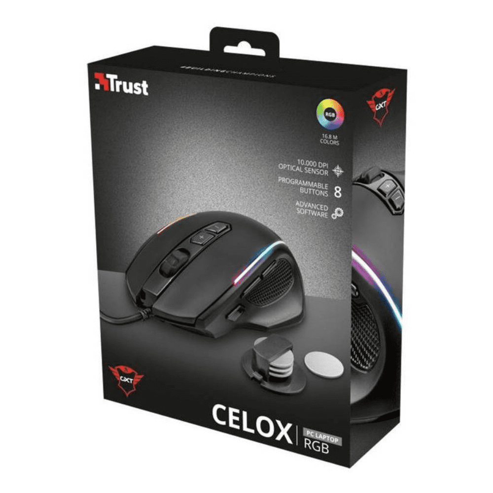 Mouse TRUST CELOX GXT165, 8 botones programables, 10000DPI, RGB, USB.