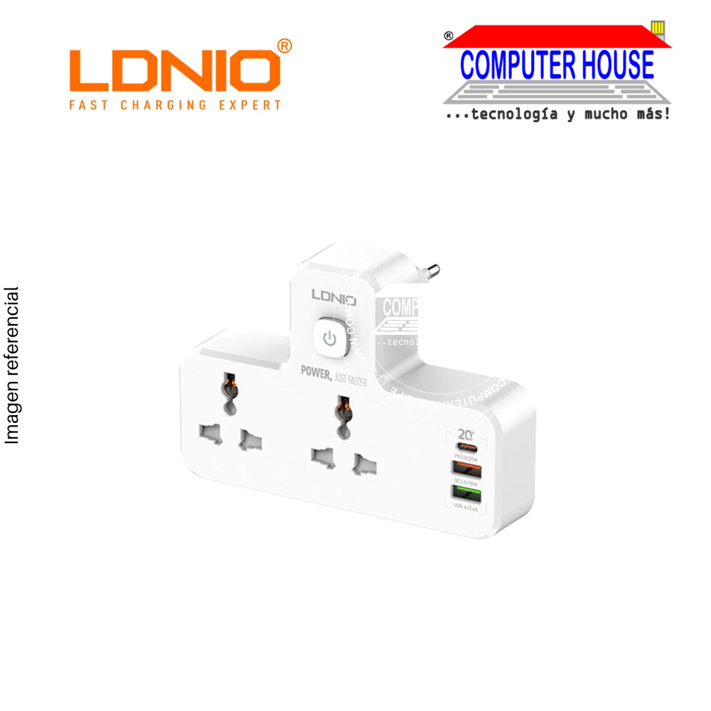Supresor de Picos LDNIO SC2311 conexión 2 Tomas universales + 2 USB 3.4A + 1 USB Tipo C 20W con boton de encendido + linterna