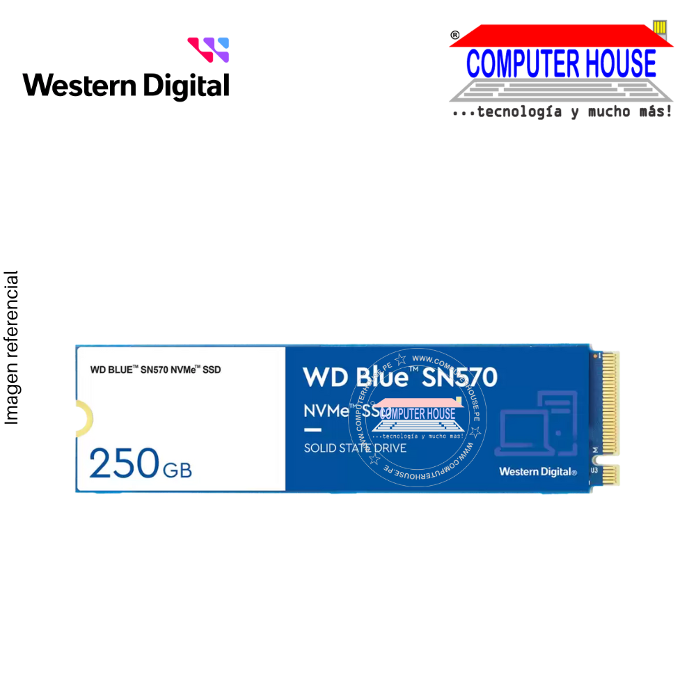 Disco Sólido 250GB WESTERNDIGITAL M.2 NVMe PCIe SN570 (lectura 3300 MB/s, escritura 1200 MB/s, MAXIMO)