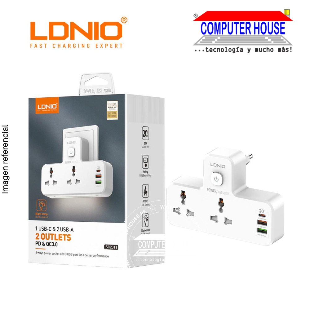 LDNIO SC2311 Peak Suppressor connection 2 universal sockets + 2 USB 3.4A + 1 USB Type C 20W with power button + flashlight