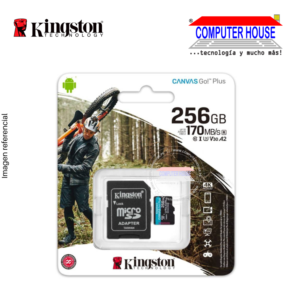 MicroSDXC KINGSTON 256GB Canvas Go Plus, con adaptador SD, 170MB/S.
