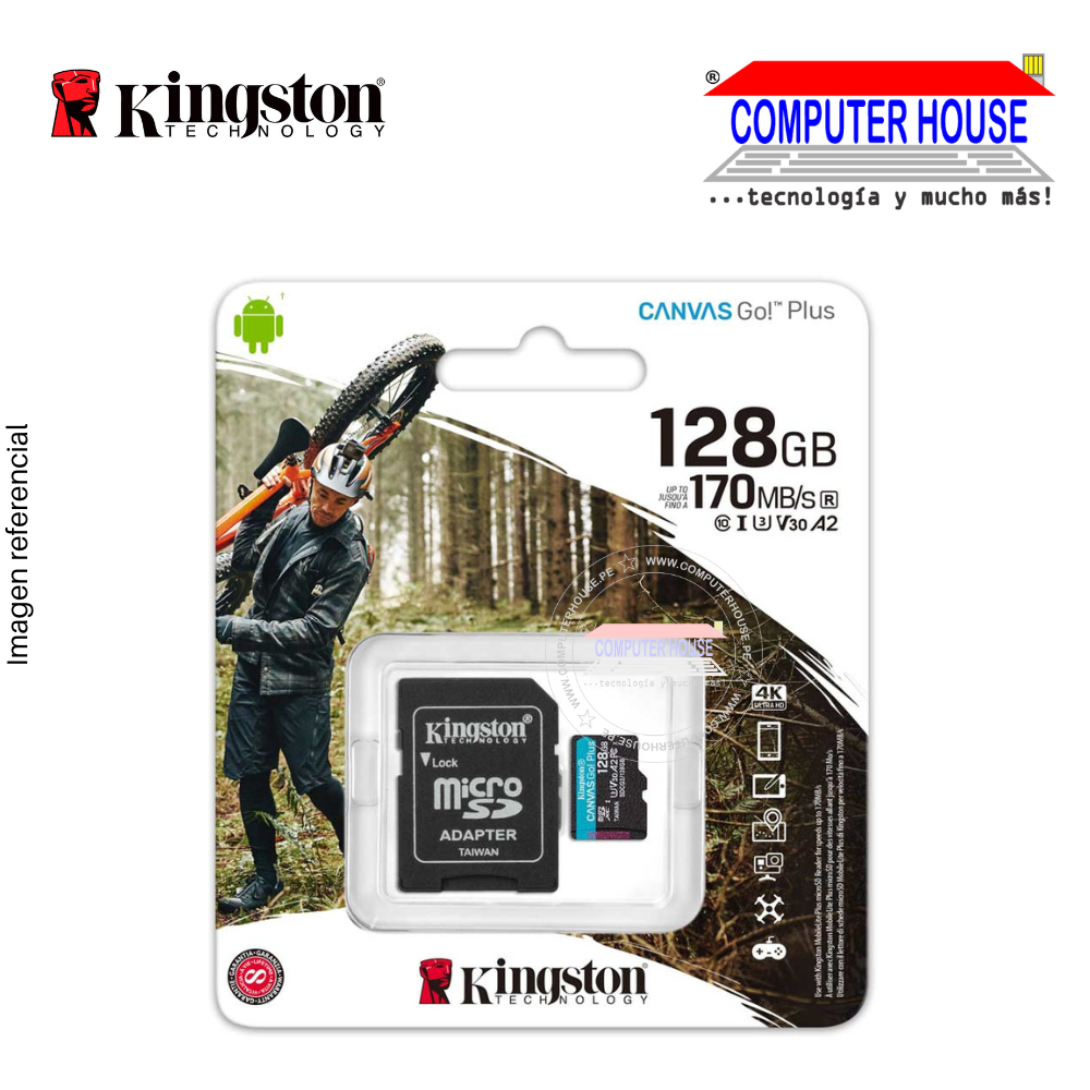 MicroSDXC KINGSTON 128GB Canvas Go Plus, con adaptador SD, 170MB/S.