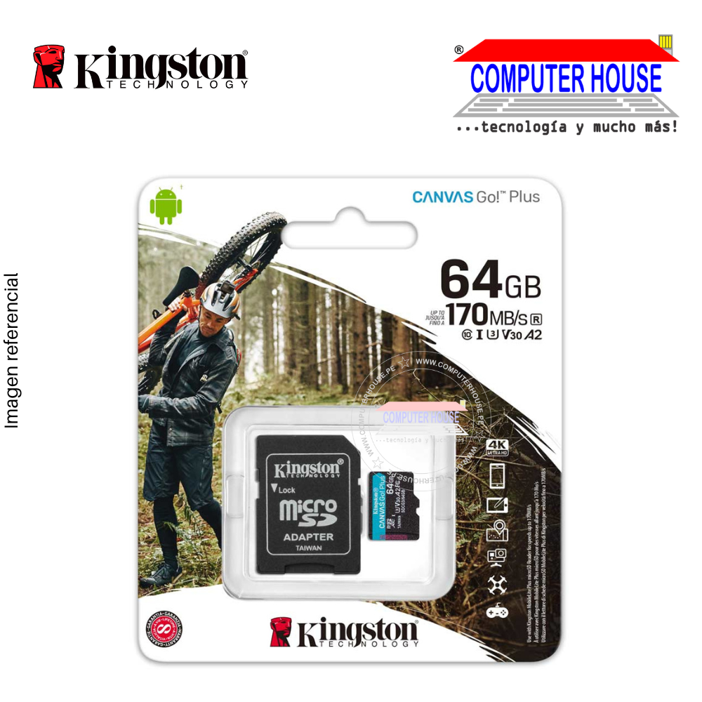 MicroSDXC KINGSTON 64GB Canvas Go Plus, con adaptador SD, 170MB/S.
