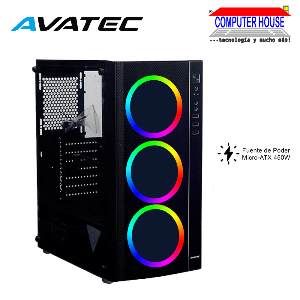 Case AVATEC CCA-4703BK, Black, Con fuente 550W, lateral trasparente, RGB.