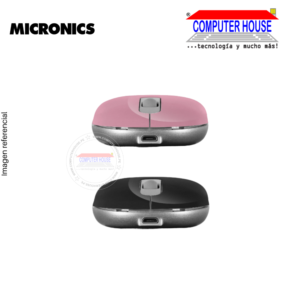 Mouse Inalámbrico Micronics Babylon M721-3M, Bluetooth & Wi-Fi, recargable, color: negro, rosado.