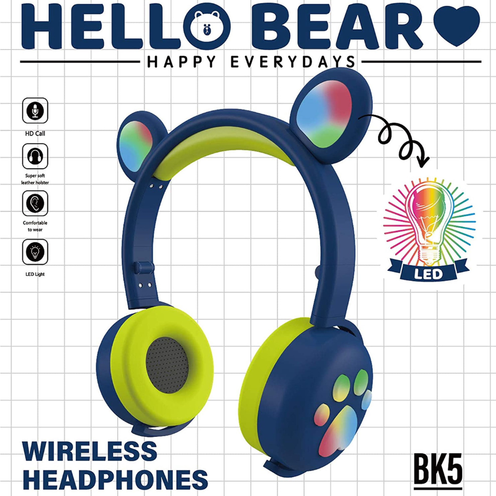 BK5 Wireless Bluetooth Headphones, Bear Design, RGB.