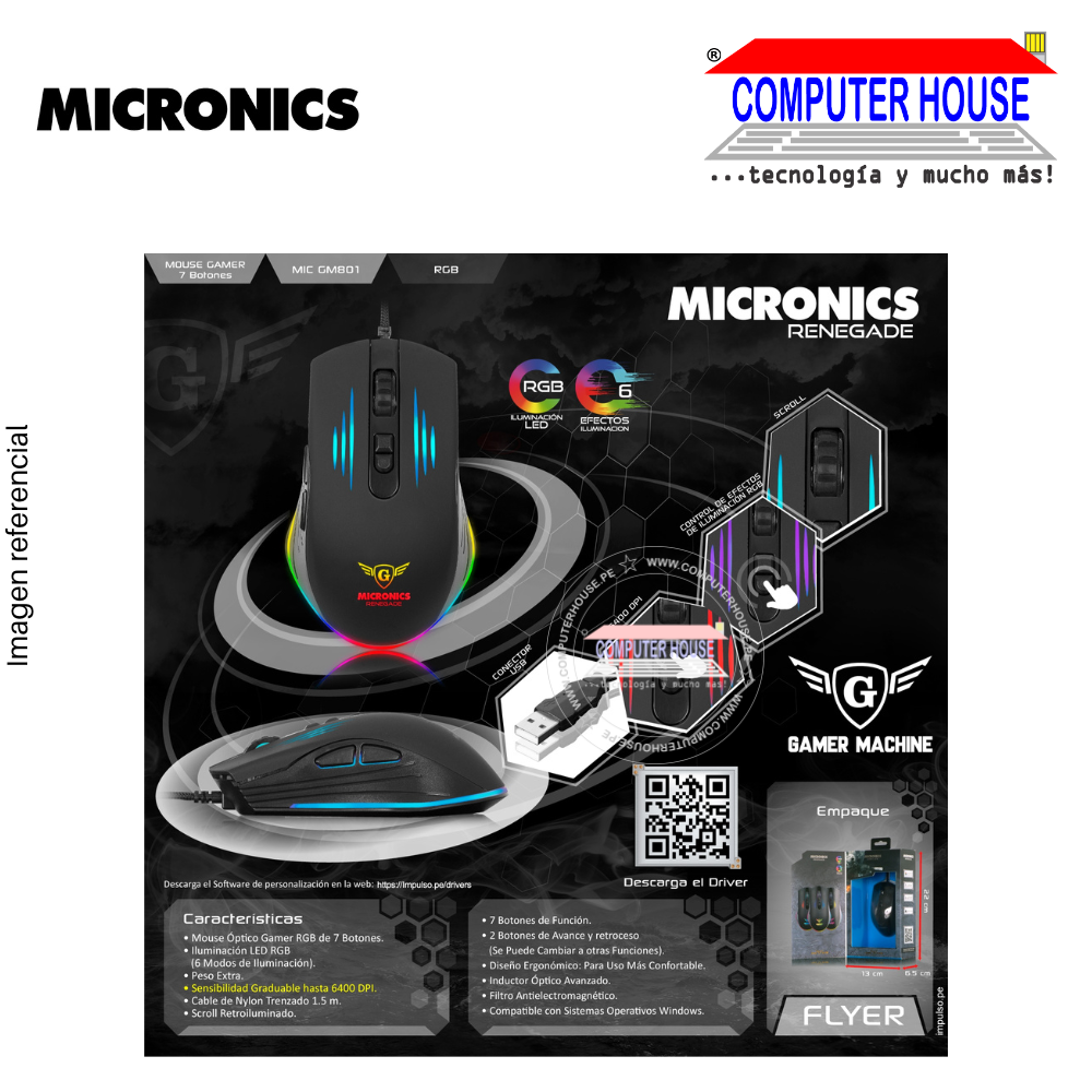 MICRONICS Mouse alámbrico Gamer MIC GM801 Renegade conexión USB.