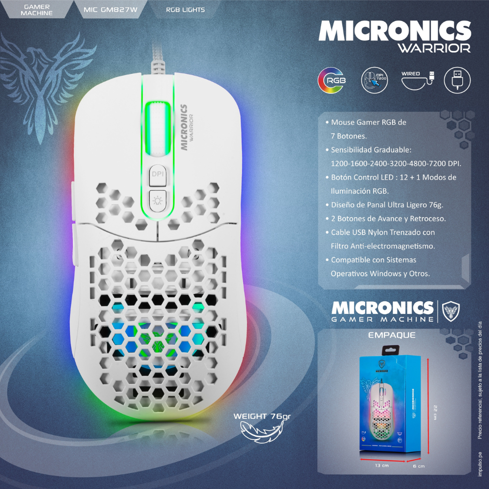 MICRONICS Mouse alámbrico Gamer WARRIOR GM827 conexión USB.