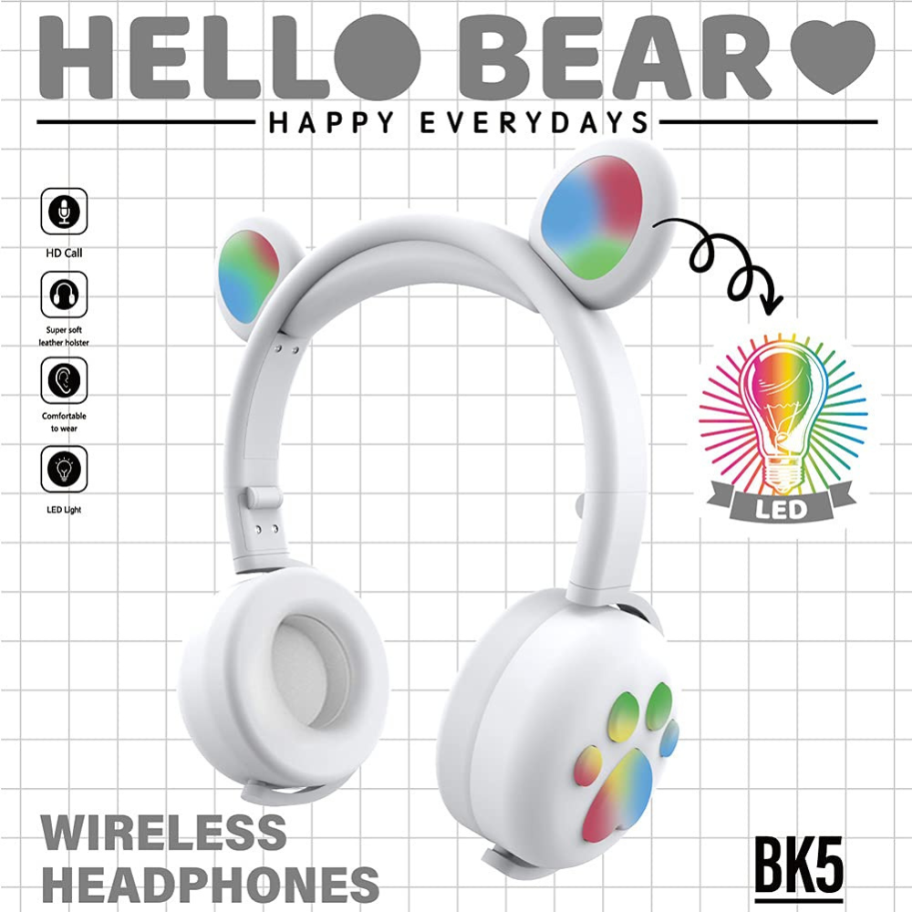 BK5 Wireless Bluetooth Headphones, Bear Design, RGB.
