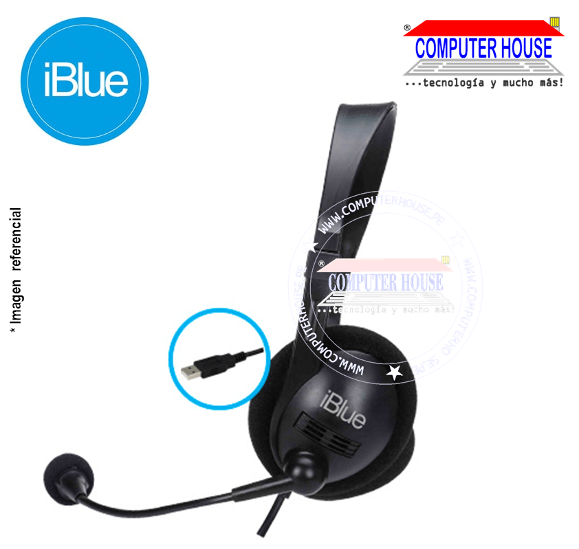 Audífono USB IBLUE HS-3001BK + micrófono incorporado.