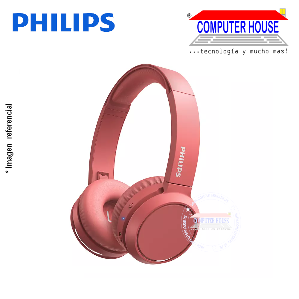 PHILIPS audífonos inalámbricos TAH4205RD Bass Boost plegable con micrófono conexión tipo-C bluetooth rojo.
