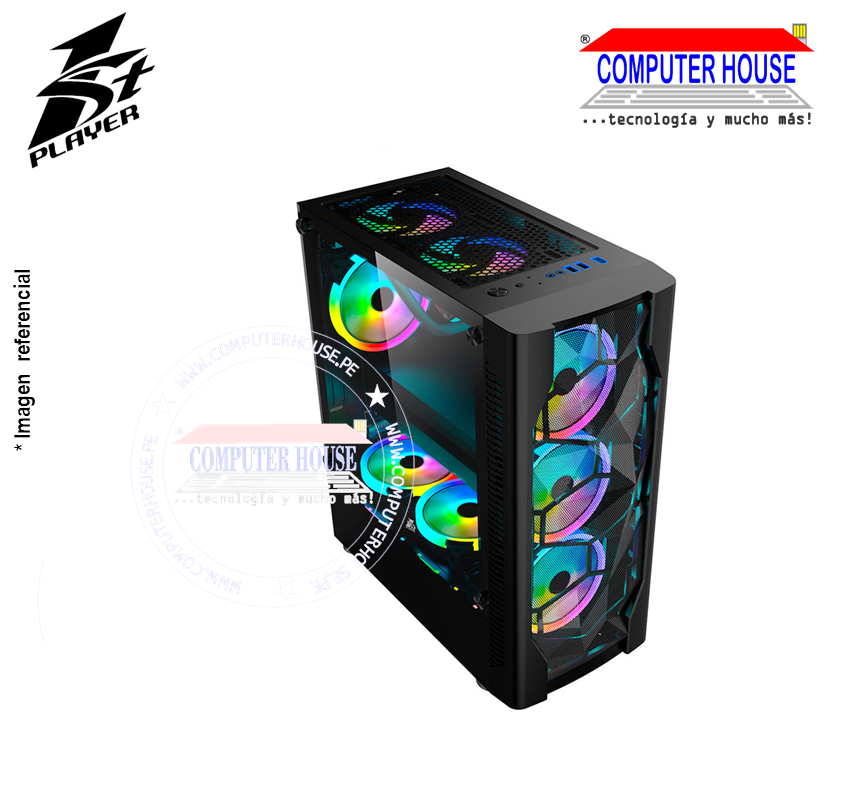 Case 1St Player Midtower DK-D4, RGB, lateral trasparente, vidrio templado, SIN FUENTE, color: negro
