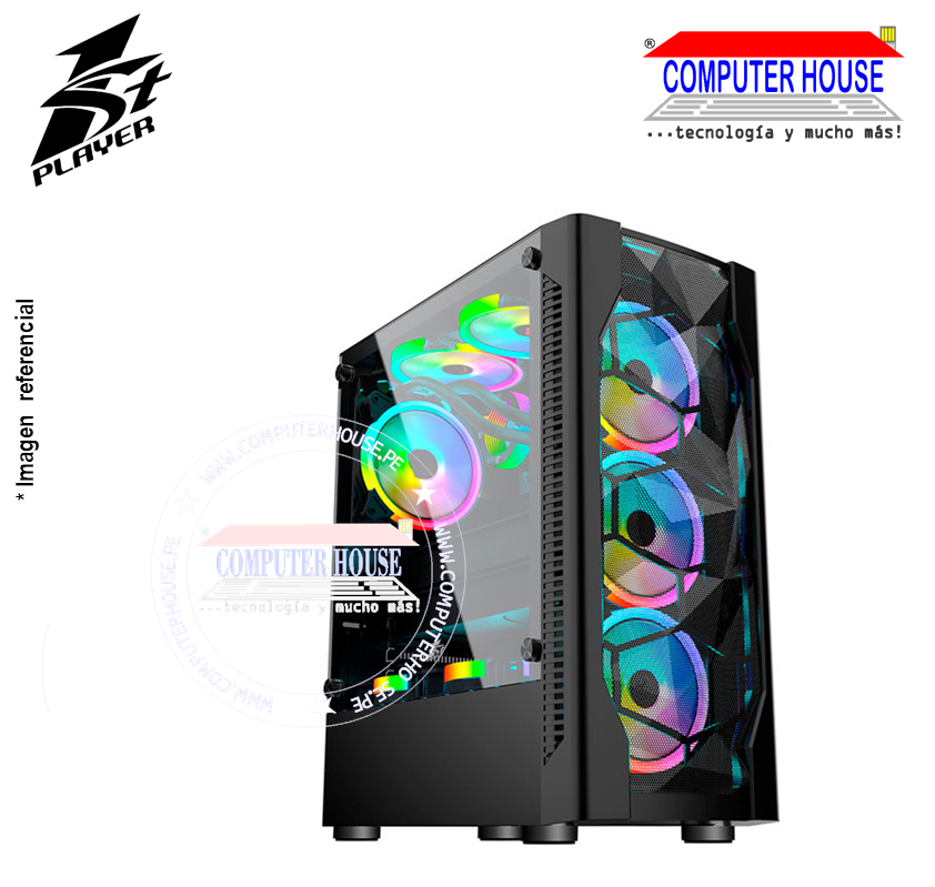 Case 1St Player Midtower DK-D4, RGB, lateral trasparente, vidrio templado, SIN FUENTE, color: negro