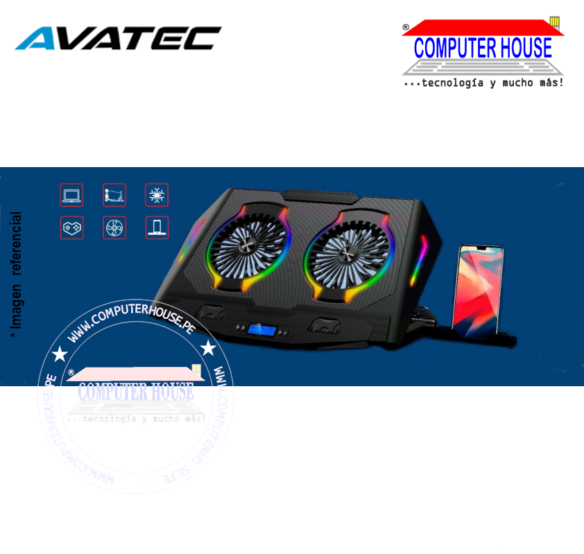 Cooler para Laptop AVATEC CCL-3071B, 2 cooler 5 niveles de inclinación hasta 17", RGB.