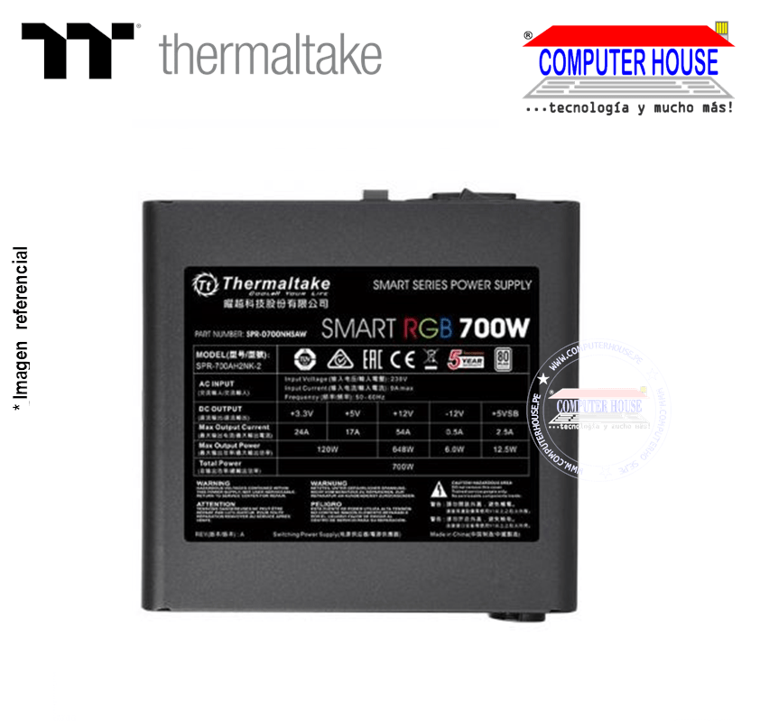 Fuente de poder THERMALTAKE Smart, 700W, Certificación 80+ White, RGB.