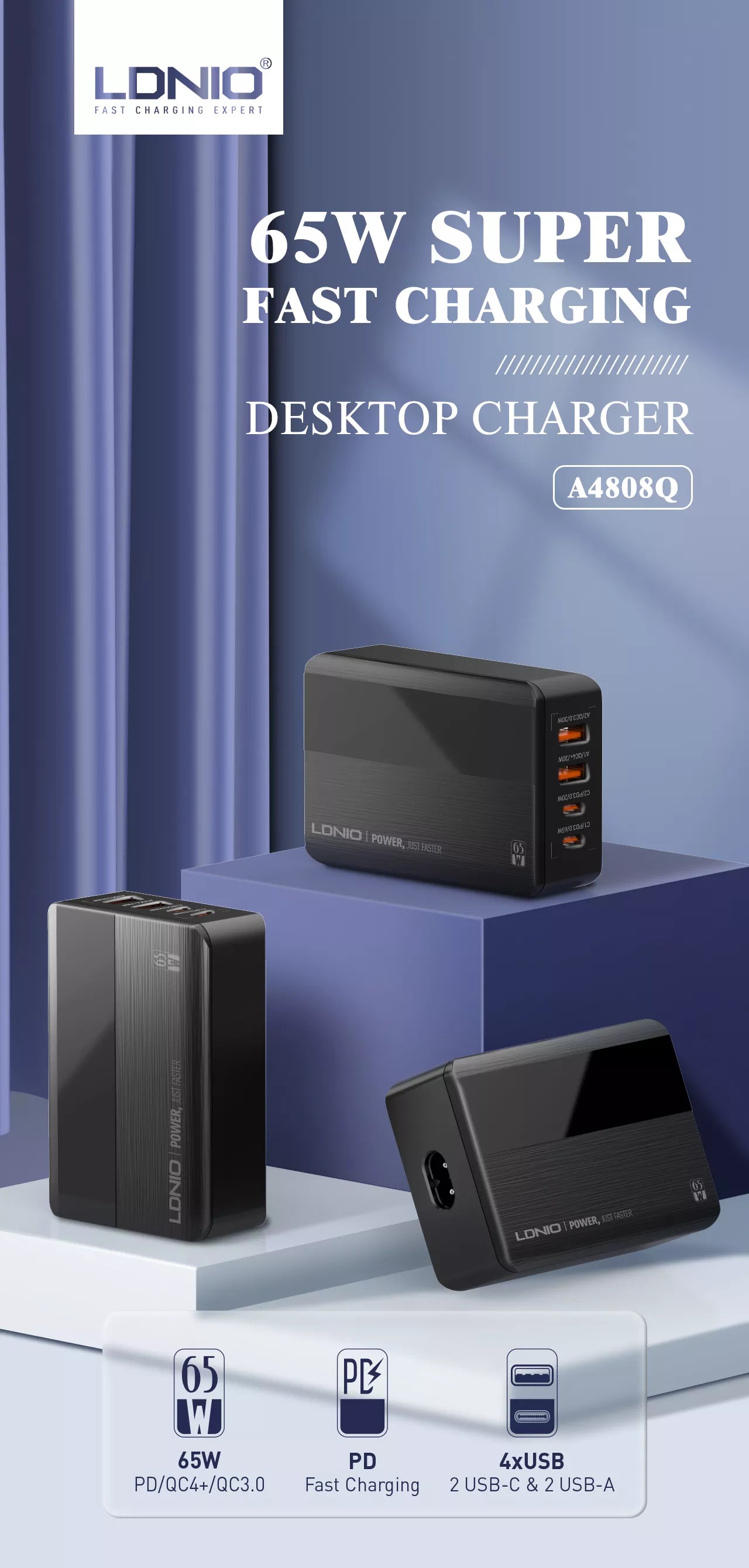 LDNIO Desktop Charger USB Connection 2 USB Quick Charge 3.0 + 2 USB Type C 65W Fast Charging (A4808Q)