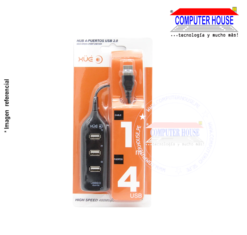 Extensión USB 2.0 4 puertos caja naranja cable 10cm, Hub USB.