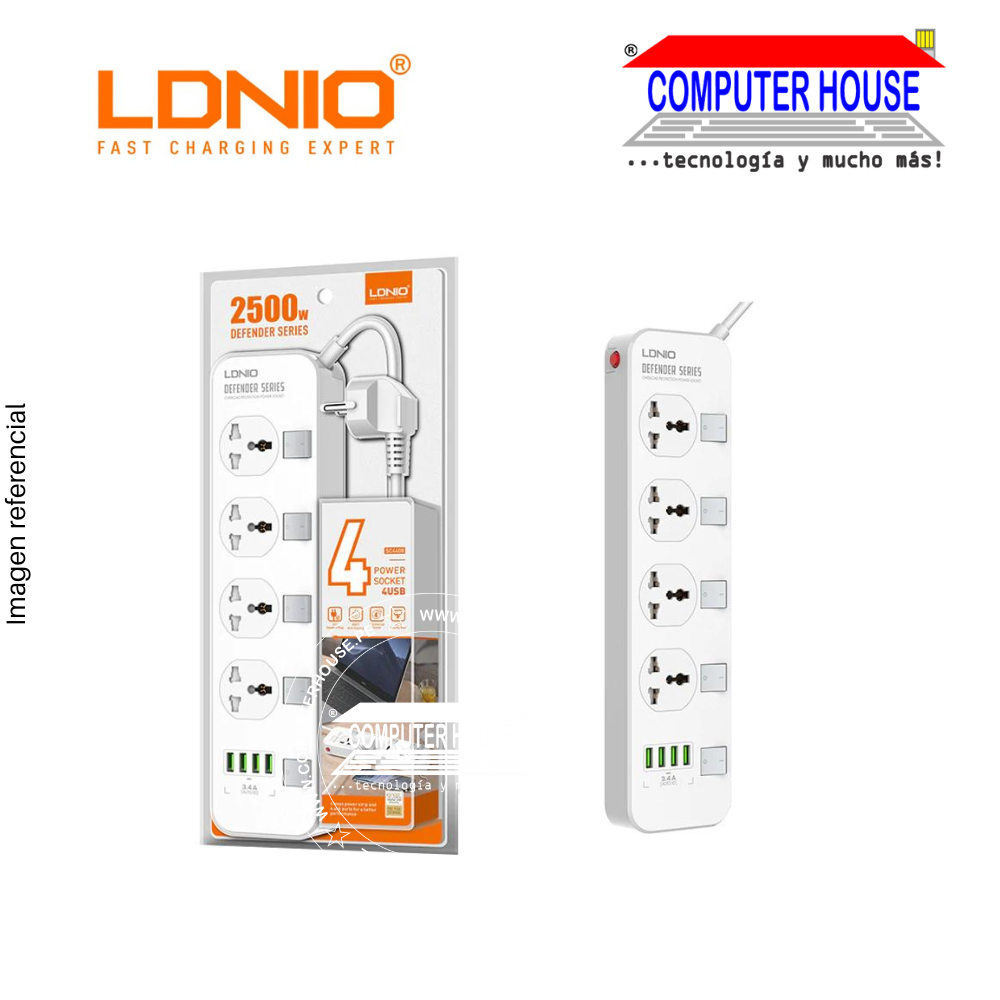 Supresor de Picos LDNIO SC4408 conexión 4 Tomas universales + 4 USB 3.4A con boton de encendido individual
