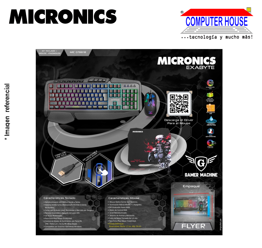 MICRONICS Kit gamer EXABYTE MIC GT8818  LED RGB conexión USB.