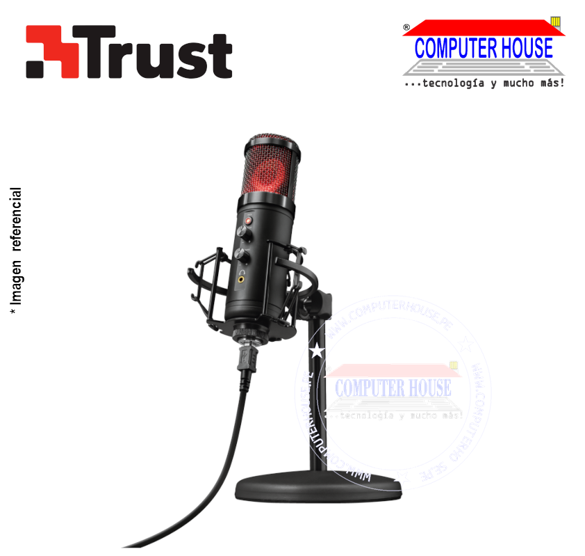 TRUST GXT 256 Exxo Streaming Microphone, RGB, headphone volume and mute activation controls, cardioid recording pattern, includes shock mount and metal tripod.