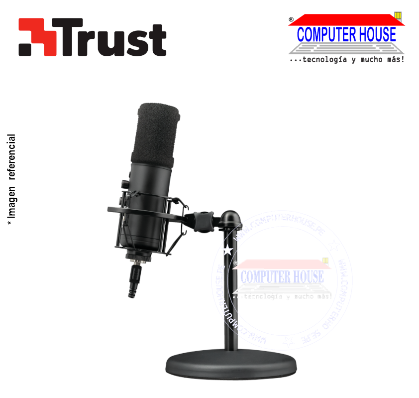 TRUST GXT 256 Exxo Streaming Microphone, RGB, headphone volume and mute activation controls, cardioid recording pattern, includes shock mount and metal tripod.