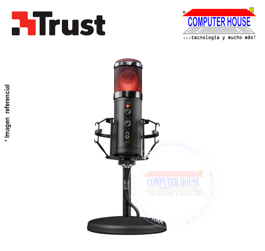 TRUST GXT 256 Exxo Streaming Microphone, RGB, headphone volume and mute activation controls, cardioid recording pattern, includes shock mount and metal tripod.