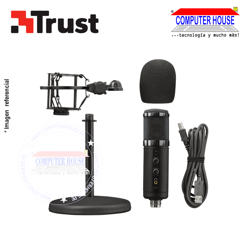 TRUST GXT 256 Exxo Streaming Microphone, RGB, headphone volume and mute activation controls, cardioid recording pattern, includes shock mount and metal tripod.