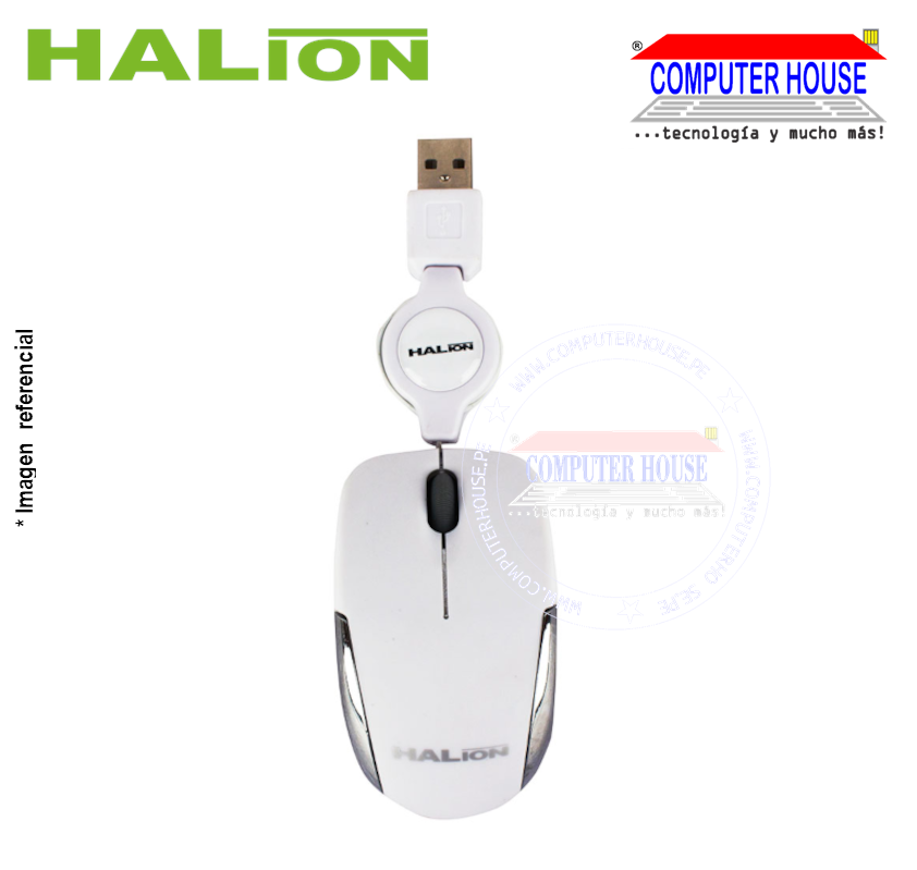 HALION Mouse alámbrico Hermes Mini M1858 Retráctil Blanco conexión USB.