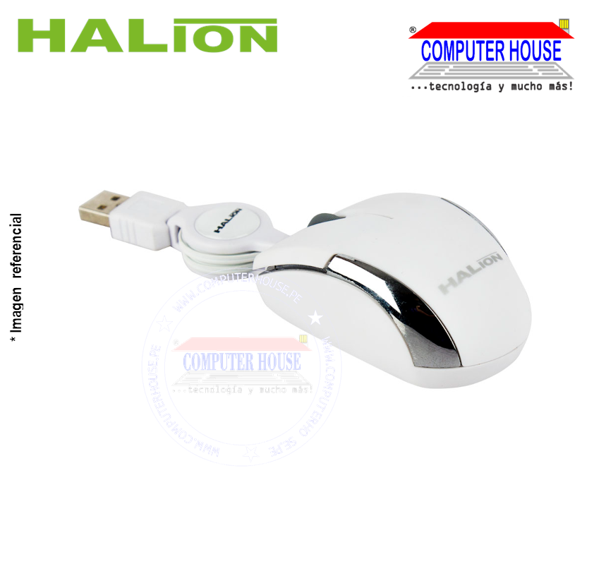 HALION Mouse alámbrico Hermes Mini M1858 Retráctil Blanco conexión USB.