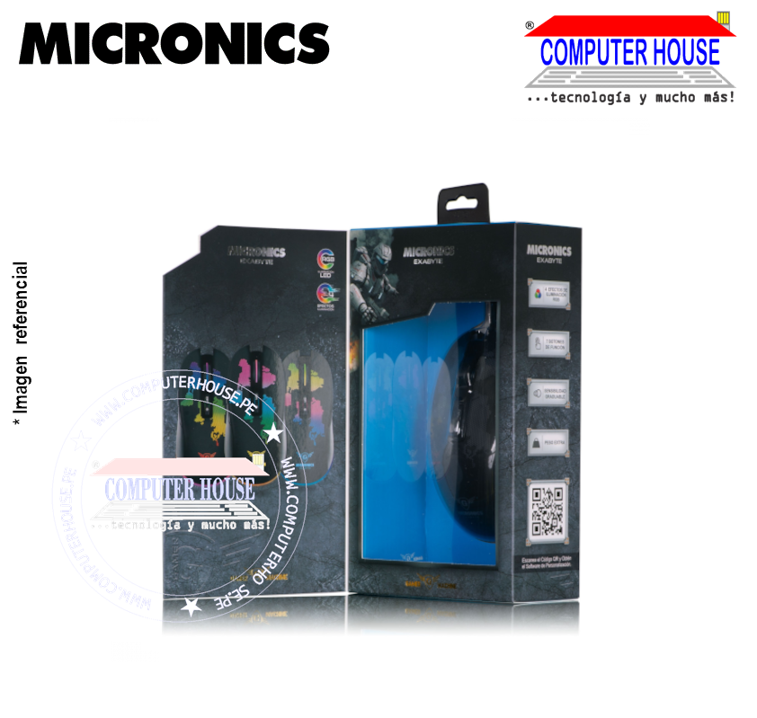 MICRONICS Mouse alámbrico Gamer MIC GM818 Exabyte LED RGB DPI: 6400 conexión USB.