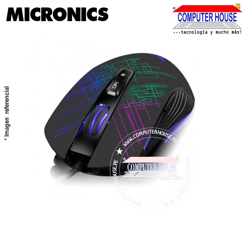 MICRONICS Mouse alámbrico Gamer MIC GM860 Furious LED 6 COLORES RGB DPI: 6400 conexión USB.