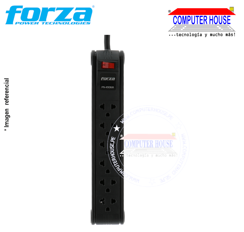 FORZA PS-1006B Spike Suppressor, 3MT, 6 universal sockets, 1680W, reset circuit breaker-120V/240V.
