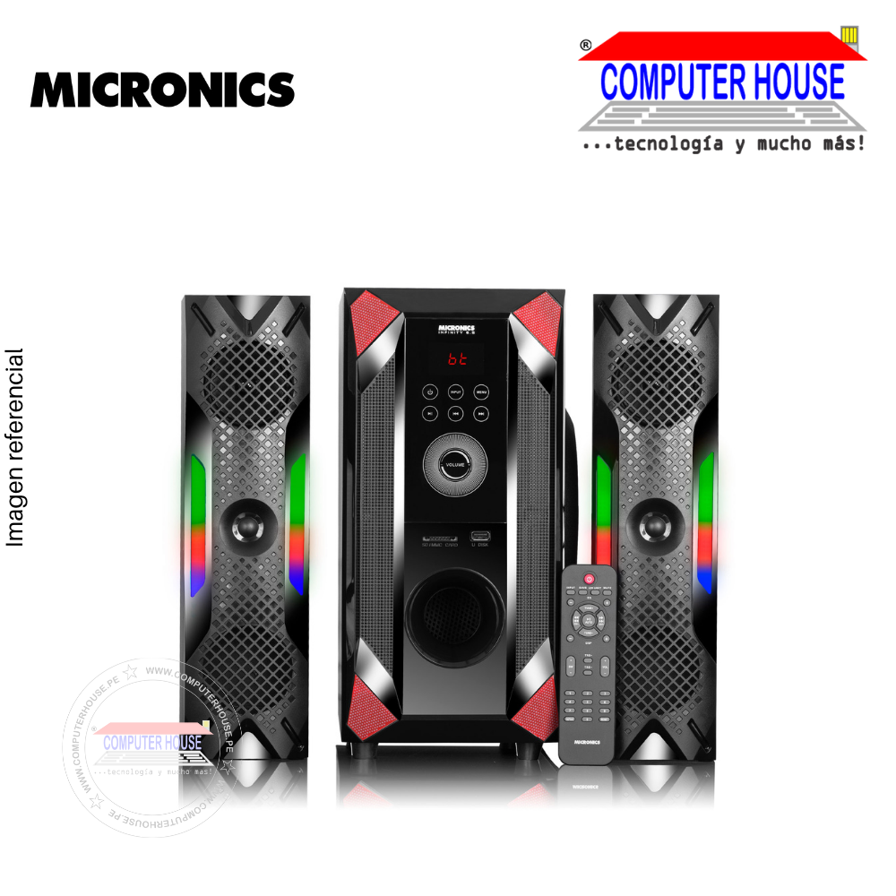Parlantes Subwoofer 2.1 MICRONICS S7044KTV Infinity, Bluetooth/Karaoke/FM/USB/SD/High-Bass/Sound Bar, RMS: 120W(80+20x2),RGB.