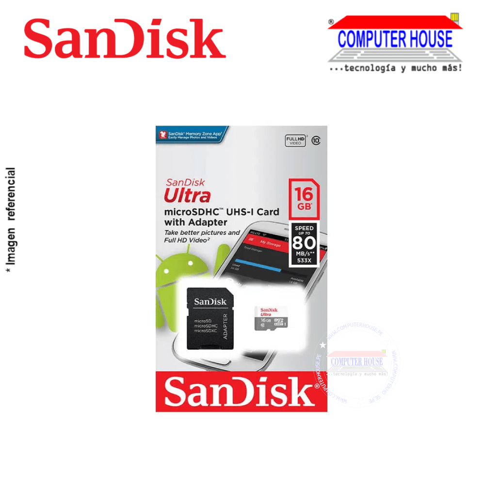 Memoria Micro SD SANDISK 16GB. con adaptador SD.