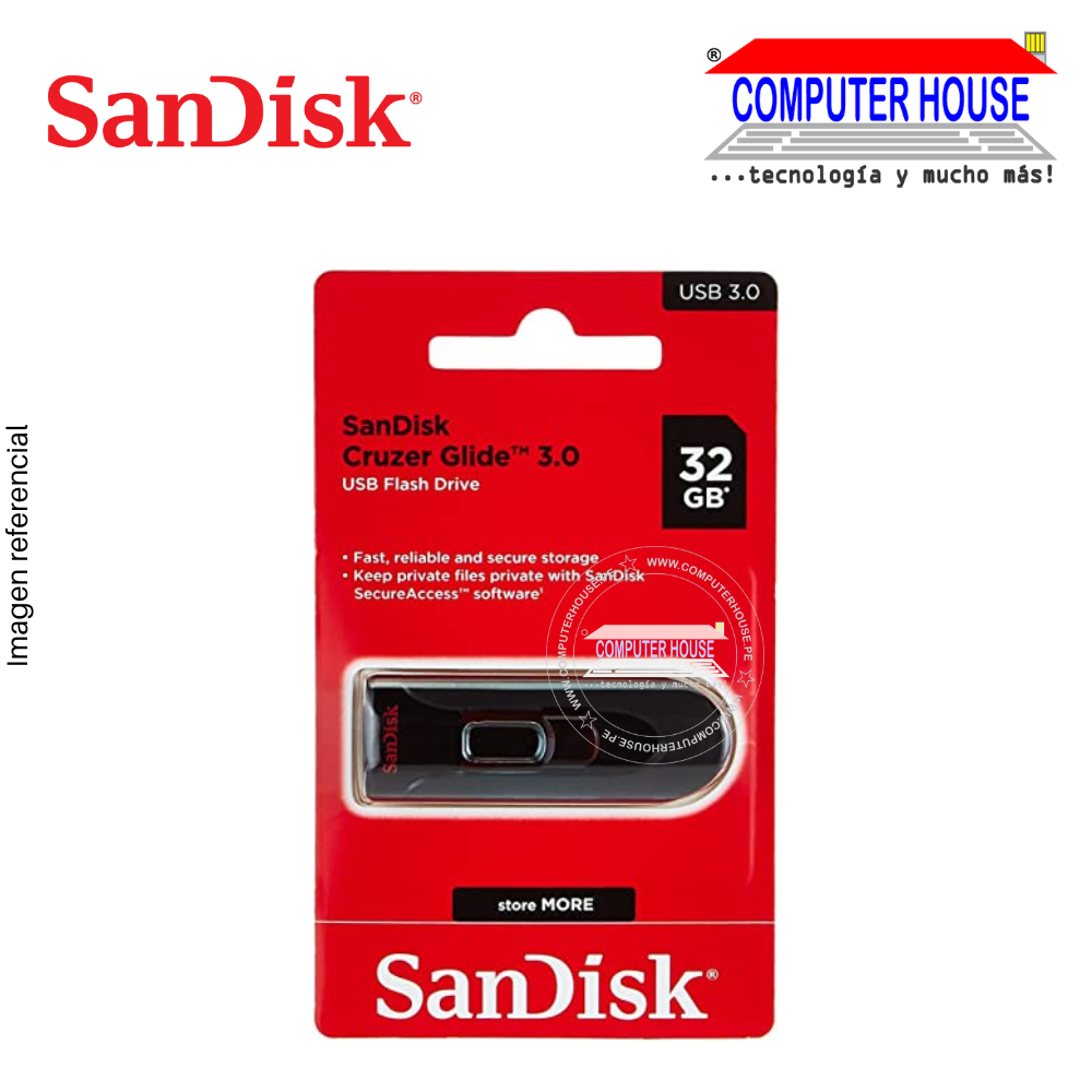 Memoria USB SANDISK 32GB Cruzer Glide 3.0, Negro/Rojo.