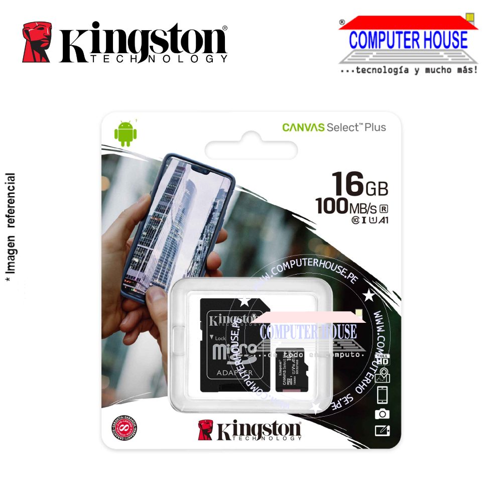 Micro SD KINGSTON 16GB Canvas Select Plus, con adaptador SD, 100MB/S.